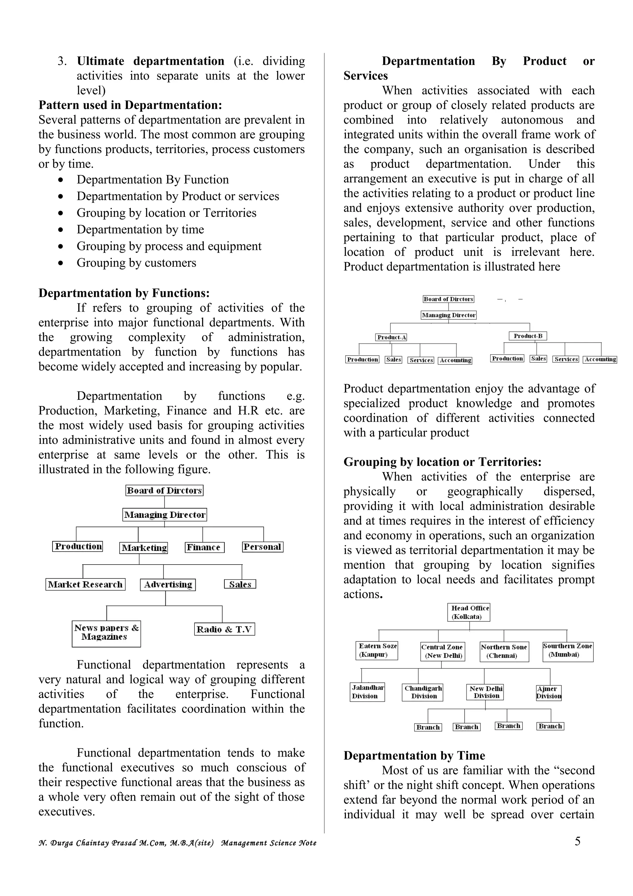 3. Ultimate departmentation (i.e. dividing
activities into separate units at the lower
level)
Pattern used in Departmentation:
Several patterns of departmentation are prevalent in
the business world. The most common are grouping
by functions products, territories, process customers
or by time.
• Departmentation By Function
• Departmentation by Product or services
• Grouping by location or Territories
• Departmentation by time
• Grouping by process and equipment
• Grouping by customers
Departmentation by Functions:
If refers to grouping of activities of the
enterprise into major functional departments. With
the growing complexity of administration,
departmentation by function by functions has
become widely accepted and increasing by popular.
Departmentation by functions e.g.
Production, Marketing, Finance and H.R etc. are
the most widely used basis for grouping activities
into administrative units and found in almost every
enterprise at same levels or the other. This is
illustrated in the following figure.
Functional departmentation represents a
very natural and logical way of grouping different
activities of the enterprise. Functional
departmentation facilitates coordination within the
function.
Functional departmentation tends to make
the functional executives so much conscious of
their respective functional areas that the business as
a whole very often remain out of the sight of those
executives.
Departmentation By Product or
Services
When activities associated with each
product or group of closely related products are
combined into relatively autonomous and
integrated units within the overall frame work of
the company, such an organisation is described
as product departmentation. Under this
arrangement an executive is put in charge of all
the activities relating to a product or product line
and enjoys extensive authority over production,
sales, development, service and other functions
pertaining to that particular product, place of
location of product unit is irrelevant here.
Product departmentation is illustrated here
Product departmentation enjoy the advantage of
specialized product knowledge and promotes
coordination of different activities connected
with a particular product
Grouping by location or Territories:
When activities of the enterprise are
physically or geographically dispersed,
providing it with local administration desirable
and at times requires in the interest of efficiency
and economy in operations, such an organization
is viewed as territorial departmentation it may be
mention that grouping by location signifies
adaptation to local needs and facilitates prompt
actions.
Departmentation by Time
Most of us are familiar with the “second
shift’ or the night shift concept. When operations
extend far beyond the normal work period of an
individual it may well be spread over certain
N. Durga Chaintay Prasad M.Com, M.B.A(site) Management Science Note 5
 