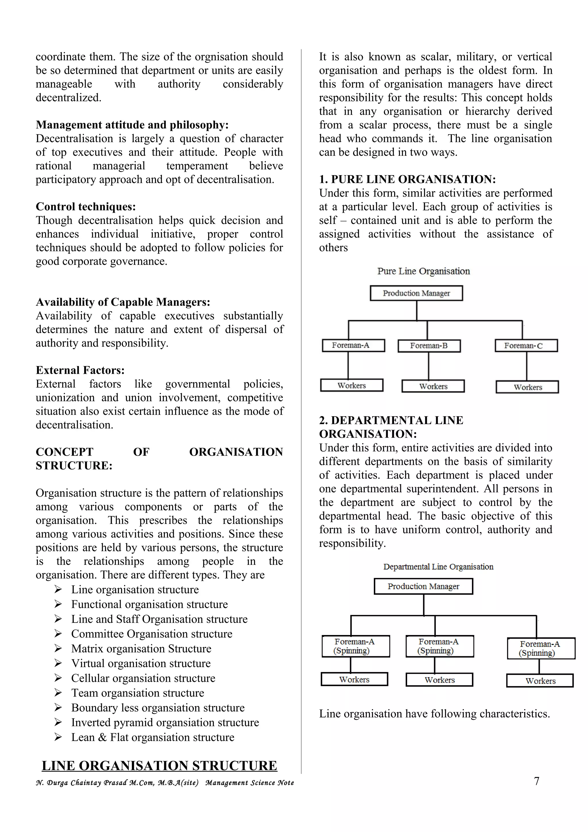coordinate them. The size of the orgnisation should
be so determined that department or units are easily
manageable with authority considerably
decentralized.
Management attitude and philosophy:
Decentralisation is largely a question of character
of top executives and their attitude. People with
rational managerial temperament believe
participatory approach and opt of decentralisation.
Control techniques:
Though decentralisation helps quick decision and
enhances individual initiative, proper control
techniques should be adopted to follow policies for
good corporate governance.
Availability of Capable Managers:
Availability of capable executives substantially
determines the nature and extent of dispersal of
authority and responsibility.
External Factors:
External factors like governmental policies,
unionization and union involvement, competitive
situation also exist certain influence as the mode of
decentralisation.
CONCEPT OF ORGANISATION
STRUCTURE:
Organisation structure is the pattern of relationships
among various components or parts of the
organisation. This prescribes the relationships
among various activities and positions. Since these
positions are held by various persons, the structure
is the relationships among people in the
organisation. There are different types. They are
 Line organisation structure
 Functional organisation structure
 Line and Staff Organisation structure
 Committee Organisation structure
 Matrix organisation Structure
 Virtual organisation structure
 Cellular organsiation structure
 Team organsiation structure
 Boundary less organsiation structure
 Inverted pyramid organsiation structure
 Lean & Flat organsiation structure
LINE ORGANISATION STRUCTURE
It is also known as scalar, military, or vertical
organisation and perhaps is the oldest form. In
this form of organisation managers have direct
responsibility for the results: This concept holds
that in any organisation or hierarchy derived
from a scalar process, there must be a single
head who commands it. The line organisation
can be designed in two ways.
1. PURE LINE ORGANISATION:
Under this form, similar activities are performed
at a particular level. Each group of activities is
self – contained unit and is able to perform the
assigned activities without the assistance of
others
2. DEPARTMENTAL LINE
ORGANISATION:
Under this form, entire activities are divided into
different departments on the basis of similarity
of activities. Each department is placed under
one departmental superintendent. All persons in
the department are subject to control by the
departmental head. The basic objective of this
form is to have uniform control, authority and
responsibility.
Line organisation have following characteristics.
N. Durga Chaintay Prasad M.Com, M.B.A(site) Management Science Note 7
 