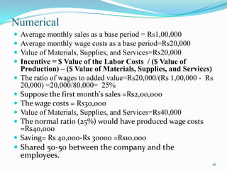 Numerical











Average monthly sales as a base period = Rs1,00,000
Average monthly wage costs as a base period=Rs20,000
Value of Materials, Supplies, and Services=Rs20,000
Incentive = $ Value of the Labor Costs / ($ Value of
Production) – ($ Value of Materials, Supplies, and Services)
The ratio of wages to added value=Rs20,000/(Rs 1,00,000 - Rs
20,000) =20,000/80,000= 25%
Suppose the first month's sales =Rs2,00,000
The wage costs = Rs30,000
Value of Materials, Supplies, and Services=Rs40,000
The normal ratio (25%) would have produced wage costs
=Rs40,000
Saving= Rs 40,000-Rs 30000 =Rs10,000

 Shared 50-50 between the company and the

employees.

18

 