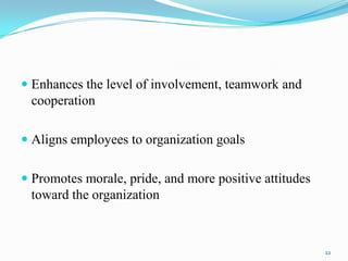  Enhances the level of involvement, teamwork and
cooperation
 Aligns employees to organization goals
 Promotes morale, pride, and more positive attitudes
toward the organization

22

 