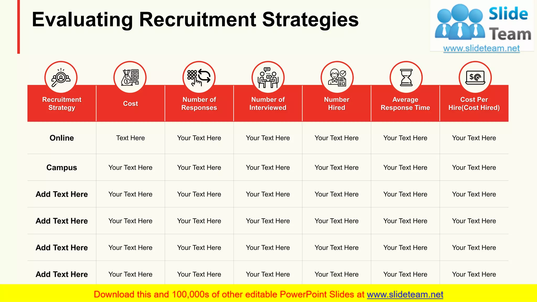 Evaluating Recruitment Strategies
Recruitment
Strategy
Cost
Number of
Responses
Number of
Interviewed
Number
Hired
Average
Response Time
Cost Per
Hire(Cost Hired)
Online Text Here Your Text Here Your Text Here Your Text Here Your Text Here Your Text Here
Campus Your Text Here Your Text Here Your Text Here Your Text Here Your Text Here Your Text Here
Add Text Here Your Text Here Your Text Here Your Text Here Your Text Here Your Text Here Your Text Here
Add Text Here Your Text Here Your Text Here Your Text Here Your Text Here Your Text Here Your Text Here
Add Text Here Your Text Here Your Text Here Your Text Here Your Text Here Your Text Here Your Text Here
Add Text Here Your Text Here Your Text Here Your Text Here Your Text Here Your Text Here Your Text Here
14
 