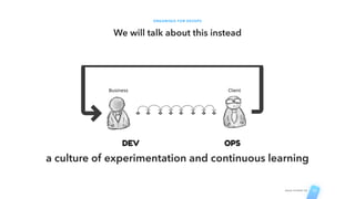 ORGANISED FOR DEVOPS
We will talk about this instead
AGILE STUDIO CH 12
a culture of experimentation and continuous learning
 