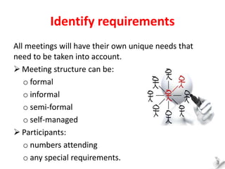 Identify requirements
All meetings will have their own unique needs that
need to be taken into account.
 Meeting structur...