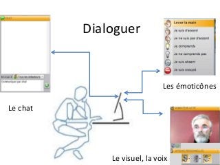 Dialoguer
Le chat
Les émoticônes
Le visuel, la voix
 