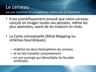 Le cerveau
est une machine d’association en réseau qui a 5 fonctions
• Il est scientifiquement prouvé que notre cerveau
conçoit en images toutes ses pensées, même les
plus abstraites, avant de les traduire en mots.
• La Carte conceptuelle (Mind Mapping ou
schémas heuristiques)
– mobilise les deux hémisphères du cerveau
– et les fait travailler conjointement
– en une synergie qui démultiplie les facultés
cérébrales.
 