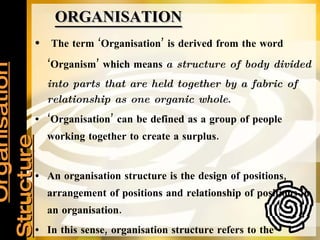   Organisation Structure ORGANISATION The term  ‘Organisation’  is derived from the word ‘Organism’   which means  a structure of body divided into parts that are held together by a fabric of relationship as one organic whole .  ‘ Organisation’  can be defined as a group of people working together to create a surplus. An organisation structure  is the design of positions, arrangement of positions and relationship of positions in an organisation.  In this sense, organisation structure refers to the network of relationships among individuals  and positions in an organisation.  