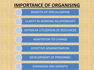 IMPORTANCE OF ORGANISING
BENEFITS OF SPECIALISATION
CLARITY IN WORKING RELATIONSHIPS
OPTIMUM UTILIZATION OF RESOURCES
ADAPTATION TO CHANGE
EFFECTIVE ADMINISTRATION
DEVELOPMENT OF PERSONNEL
EXPANSION AND GROWTH
 