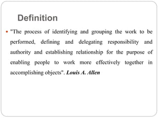Definition
 "The process of identifying and grouping the work to be
performed, defining and delegating responsibility and
authority and establishing relationship for the purpose of
enabling people to work more effectively together in
accomplishing objects". Louis A. Allen
 