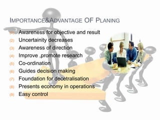 IMPORTANCE&ADVANTAGE OF PLANING
(1) Awareness for objective and result
(2) Uncertainity decreases
(3) Awareness of direction
(4) Improve ,promote research
(5) Co-ordination
(6) Guides decision making
(7) Foundation for decetralisation
(8) Presents economy in operations
(9) Easy control
 