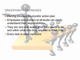 UNCERTAINTY DECREASES
 Planing provides structurefor action plan.
 Empolyees and workers at all levels can easily
understand their responsibilities.
 They are very well awere what they needs to do
and within what time they required to finish it up.
 Every task is clearl mentiond.
 