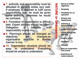NATUREOFORGANISATION
 7. authority and responsibility must be
allocated to perform duties very well.
If employee is required to fulfil some
responsibility then he must be given
some authority, otherwise he would
be confused.
 8. Formation of organisation is difficult
task. Expert advices should be taken.
Delegation of authority and
responsibility is also imp.
 9. Planning's should be changed as
objectives are changed.so
organization structure in flexible
manner is imp.
 10. Organisation structure should be
easy to understand. Everything
should be simple to understand.
1. Set-up to realise
objectives
2. Simplicity
3. Possibility for co-
operation
4. Division into
departments
5. Authority &
Responsibility
6. Leadership Oriented
7. closely linked with
planning
8. must be stable
9. Flexibility
10. Efficient
11. Easy for supervision
and control
12. Importance of
human element
 