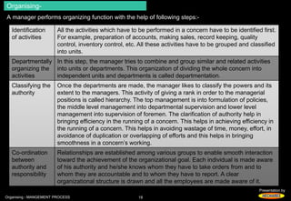 All the activities which have to be performed in a concern have to be identified first. 
For example, preparation of accounts, making sales, record keeping, quality 
control, inventory control, etc. All these activities have to be grouped and classified 
into units. 
In this step, the manager tries to combine and group similar and related activities 
into units or departments. This organization of dividing the whole concern into 
independent units and departments is called departmentation. 
Once the departments are made, the manager likes to classify the powers and its 
extent to the managers. This activity of giving a rank in order to the managerial 
positions is called hierarchy. The top management is into formulation of policies, 
the middle level management into departmental supervision and lower level 
management into supervision of foremen. The clarification of authority help in 
bringing efficiency in the running of a concern. This helps in achieving efficiency in 
the running of a concern. This helps in avoiding wastage of time, money, effort, in 
avoidance of duplication or overlapping of efforts and this helps in bringing 
smoothness in a concern’s working. 
Relationships are established among various groups to enable smooth interaction 
toward the achievement of the organizational goal. Each individual is made aware 
of his authority and he/she knows whom they have to take orders from and to 
whom they are accountable and to whom they have to report. A clear 
organizational structure is drawn and all the employees are made aware of it. 
Presentation by 
Organising- 
A manager performs organizing function with the help of following steps:- 
Identification 
of activities 
Departmentally 
organizing the 
activities 
Classifying the 
authority 
Co-ordination 
between 
authority and 
responsibility 
Organising - MANGEMENT PROCESS 18 
