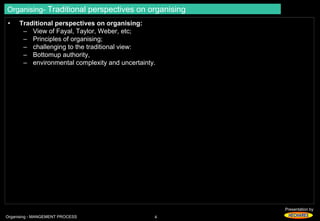 Presentation by 
Organising- Traditional perspectives on organising 
• Traditional perspectives on organising: 
– View of Fayal, Taylor, Weber, etc; 
– Principles of organising; 
– challenging to the traditional view: 
– Bottomup authority, 
– environmental complexity and uncertainty. 
Organising - MANGEMENT PROCESS 4 
 