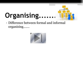 Organising.............
• Difference between formal and informal
organising…….
 