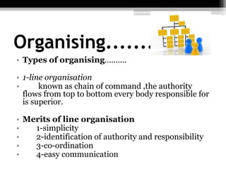Organising.............
• Types of organising……….
• 1-line organisation
• known as chain of command ,the authority
flows from top to bottom every body responsible for
is superior.
• Merits of line organisation
• 1-simplicity
• 2-identification of authority and responsibility
• 3-co-ordination
• 4-easy communication
 