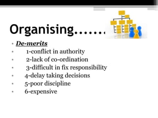 Organising.............
• De-merits
• 1-conflict in authority
• 2-lack of co-ordination
• 3-difficult in fix responsibility
• 4-delay taking decisions
• 5-poor discipline
• 6-expensive
 