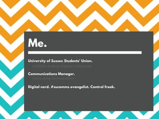 Me.
University of Sussex Students' Union.
Communications Manager.
Digital nerd. #sucomms evangelist. Control freak.
13,000...