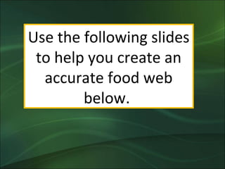 Use the following slides
 to help you create an
  accurate food web
        below.
 