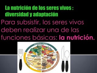 La nutrición de los seres vivos :          diversidad y adaptación  Para subsistir, los seres vivos deben realizar una de las funciones básicas: la nutrición. 