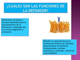 Administrar los bienes y
recursos destinados para el
funcionamiento de la
Defensoría y responder por
su correcta asignación y
utilización.
Difundir el conocimiento de la
Constitución Política de Colombia,
especialmente los derechos
fundamentales, sociales,
económicos, culturales, colectivos
y del ambiente.
 