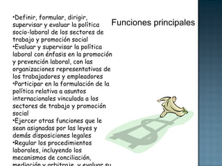 Definir, formular, dirigir, supervisar y evaluar la política socio-laboral de los sectores de trabajo y promoción social Evaluar y supervisar la política laboral con énfasis en la promoción y prevención laboral, con las organizaciones representativas de los trabajadores y empleadores Participar en la formulación de la política relativa a asuntos internacionales vinculada a los sectores de trabajo y promoción social  Ejercer otras funciones que le sean asignadas por las leyes y demás disposiciones legales  Regular los procedimientos laborales, incluyendo los mecanismos de conciliación, mediación y arbitraje, y evaluar su cumplimiento  Funciones principales 