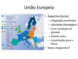 União Europeia
• Aspectos Gerais:
– Integração econômica
– Liberdade alfandegária
– Livre circulação de
pessoas
– Moeda ún...