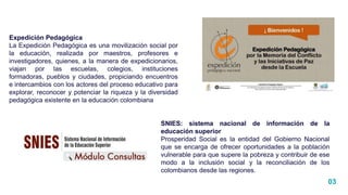 03
Expedición Pedagógica
La Expedición Pedagógica es una movilización social por
la educación, realizada por maestros, profesores e
investigadores, quienes, a la manera de expedicionarios,
viajan por las escuelas, colegios, instituciones
formadoras, pueblos y ciudades, propiciando encuentros
e intercambios con los actores del proceso educativo para
explorar, reconocer y potenciar la riqueza y la diversidad
pedagógica existente en la educación colombiana
SNIES: sistema nacional de información de la
educación superior
Prosperidad Social es la entidad del Gobierno Nacional
que se encarga de ofrecer oportunidades a la población
vulnerable para que supere la pobreza y contribuir de ese
modo a la inclusión social y la reconciliación de los
colombianos desde las regiones.
 