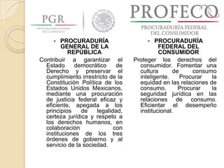 PROCURADURÍA
GENERAL DE LA
REPÚBLICA
Contribuir a garantizar el
Estado
democrático
de
Derecho y preservar el
cumplimiento irrestricto de la
Constitución Política de los
Estados Unidos Mexicanos,
mediante una procuración
de justicia federal eficaz y
eficiente, apegada a los
principios
de
legalidad,
certeza jurídica y respeto a
los derechos humanos, en
colaboración
con
instituciones de los tres
órdenes de gobierno y al
servicio de la sociedad.


PROCURADURÍA
FEDERAL DEL
CONSUMIDOR
Proteger los derechos del
consumidor. Fomentar una
cultura
de
consumo
inteligente.
Procurar
la
equidad en las relaciones de
consumo.
Procurar
la
seguridad jurídica en las
relaciones de consumo.
Eficientar el desempeño
institucional.


 