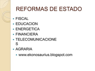 REFORMAS DE ESTADO







FISCAL
EDUCACION
ENERGETICA
FINANCIERA
TELECOMUNICACIONE
S
AGRARIA


www.ekonosaurius.blogspot.com

 