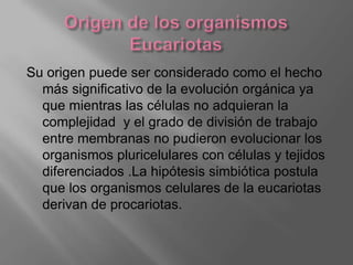 Su origen puede ser considerado como el hecho
  más significativo de la evolución orgánica ya
  que mientras las células no adquieran la
  complejidad y el grado de división de trabajo
  entre membranas no pudieron evolucionar los
  organismos pluricelulares con células y tejidos
  diferenciados .La hipótesis simbiótica postula
  que los organismos celulares de la eucariotas
  derivan de procariotas.
 