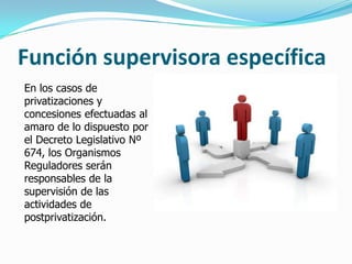 Función supervisora específica
En los casos de
privatizaciones y
concesiones efectuadas al
amaro de lo dispuesto por
el Decreto Legislativo Nº
674, los Organismos
Reguladores serán
responsables de la
supervisión de las
actividades de
postprivatización.
 