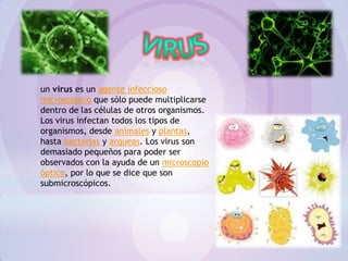 un virus es un agente infeccioso
microscópico que sólo puede multiplicarse
dentro de las células de otros organismos.
Los virus infectan todos los tipos de
organismos, desde animales y plantas,
hasta bacterias y arqueas. Los virus son
demasiado pequeños para poder ser
observados con la ayuda de un microscopio
óptico, por lo que se dice que son
submicroscópicos.
 