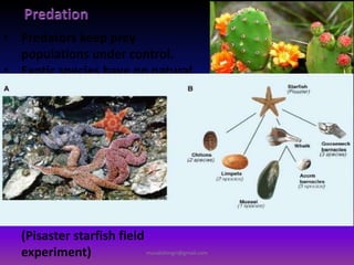 • Predators keep prey
populations under control.
• Exotic species have no natural
predator hence they grow very
rapidly. (prickly pear cactus
introduced in Australia created
problem)
• Predators also help in
maintaining species diversity in
a community, by reducing the
intensity of competition among
competing prey species.
(Pisaster starfish field
experiment) muralishingri@gmail.com
 