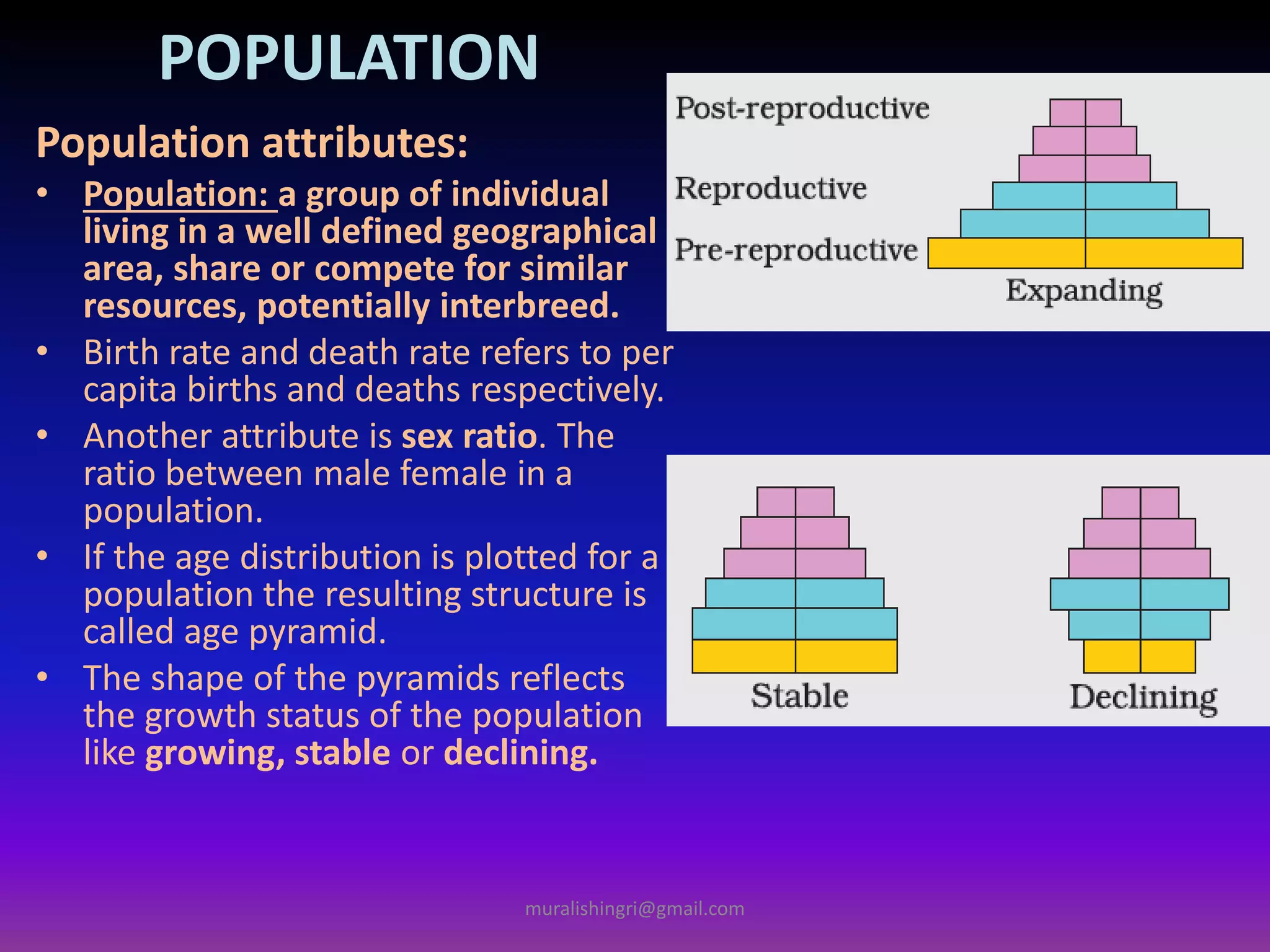 POPULATION
Population attributes:
• Population: a group of individual
living in a well defined geographical
area, share or compete for similar
resources, potentially interbreed.
• Birth rate and death rate refers to per
capita births and deaths respectively.
• Another attribute is sex ratio. The
ratio between male female in a
population.
• If the age distribution is plotted for a
population the resulting structure is
called age pyramid.
• The shape of the pyramids reflects
the growth status of the population
like growing, stable or declining.
muralishingri@gmail.com
 