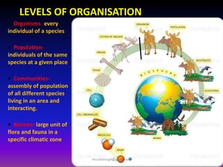 LEVELS OF ORGANISATION
• Organisms- every
individual of a species
• Population-
individuals of the same
species at a given place
• Communities-
assembly of population
of all different species
living in an area and
interacting.
• Biomes- large unit of
flora and fauna in a
specific climatic zone
muralishingri@gmail.com
 