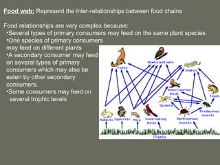 Food web: Represent the inter-relationships between food chains

Food relationships are very complex because:
 •Several types of primary consumers may feed on the same plant species
 •One species of primary consumers
 may feed on different plants
 •A secondary consumer may feed
 on several types of primary
 consumers which may also be
 eaten by other secondary
 consumers.
 •Some consumers may feed on
  several trophic levels
 