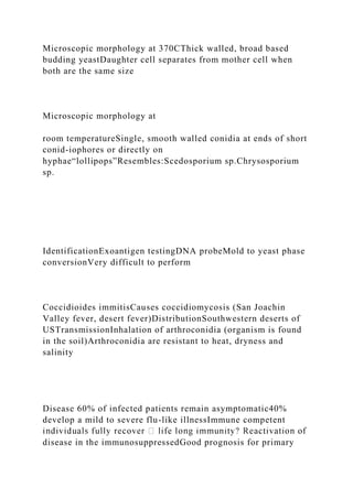 Microscopic morphology at 370CThick walled, broad based
budding yeastDaughter cell separates from mother cell when
both are the same size
Microscopic morphology at
room temperatureSingle, smooth walled conidia at ends of short
conid-iophores or directly on
hyphae“lollipops”Resembles:Scedosporium sp.Chrysosporium
sp.
IdentificationExoantigen testingDNA probeMold to yeast phase
conversionVery difficult to perform
Coccidioides immitisCauses coccidiomycosis (San Joachin
Valley fever, desert fever)DistributionSouthwestern deserts of
USTransmissionInhalation of arthroconidia (organism is found
in the soil)Arthroconidia are resistant to heat, dryness and
salinity
Disease 60% of infected patients remain asymptomatic40%
develop a mild to severe flu-like illnessImmune competent
disease in the immunosuppressedGood prognosis for primary
 