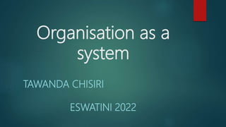 Organisation as a
system
TAWANDA CHISIRI
ESWATINI 2022
 