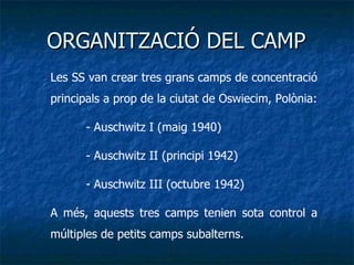 ORGANITZACIÓ DEL CAMP Les SS van crear tres grans camps de concentració principals a prop de la ciutat de Oswiecim, Polònia: - Auschwitz I (maig 1940) - Auschwitz II (principi 1942) - Auschwitz III (octubre 1942) A més, aquests tres camps tenien sota control a múltiples de petits camps subalterns. 