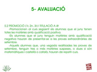 5.2 PROMOCIÓ (1r, 2n, 3r) I TITULACIÓ A 4t
­Promocionen  al  curs  següent  els  alumnes  que  el  juny  tenen 
totes les matèries amb qualificació positiva.
­Els  alumnes  que  el  juny  tenguin  matèries  amb  qualificació 
negativa  hauran  de  presentar­se  a  les  proves  extraordinàries  de 
setembre.
­Aquells  alumnes  que,  una  vegada  realitzades  les  proves  de 
setembre,  tenguin  tres  o  més  matèries  suspeses,  o  dues  si  són 
matemàtiques i castellà o català, hauran de repetir curs.
5.2 PROMOCIÓ (1r, 2n, 3r) I TITULACIÓ A 4t
­Promocionen  al  curs  següent  els  alumnes  que  el  juny  tenen 
totes les matèries amb qualificació positiva.
­Els  alumnes  que  el  juny  tenguin  matèries  amb  qualificació 
negativa  hauran  de  presentar­se  a  les  proves  extraordinàries  de 
setembre.
­Aquells  alumnes  que,  una  vegada  realitzades  les  proves  de 
setembre,  tenguin  tres  o  més  matèries  suspeses,  o  dues  si  són 
matemàtiques i castellà o català, hauran de repetir curs.
5­ AVALUACIÓ
 