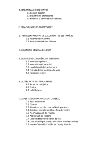 1. ORGANITZACIÓ DEL CENTRE
1.1 Consell Escolar
1.2 Claustre del professorat
1.3 Personal d’administració i serveis
2. RELACIÓ FAMÍLIES-PROFESSORAT
3. REPRESENTATIVITAT DE L’ALUMNAT I DE LES FAMÍLIES
3.1 Assemblea d'Alumnes
3.2 Assemblea de Pares i Mares
4. CALENDARI GENERAL DEL CURS
5. NORMES DE CONVIVÈNCIA I DISCIPLINA
5.1 Normativa general
5.2 Normativa del parvulari
5.3 La celebració dels aniversaris
5.4 Entrada de les famílies a l’escola
5.5 Horari del centre
6. ALTRES ACTIVITATS EDUCATIVES
6.1 Servei de menjador
6.2 Piscina
6.3 La biblioteca
7. ASPECTES DE FUNCIONAMENT GENERAL
7.1 Ajuts econòmics
7.2 Esbarjo
7.3 Situacions escolars que cal tenir presents
7.4 Activitats complementàries fora del centre
7.5 Pla d’evacuació de l’escola
7.6 Pàgina web de l’escola
7.7 La socialització dels llibres de text
7.8 Comunicació per correu electrònic amb les famílies
7.9 Horari d’atenció al públic de l’equip directiu
 