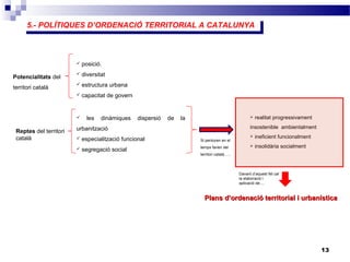 5.- POLÍTIQUES D’ORDENACIÓ TERRITORIAL A CATALUNYA5.- POLÍTIQUES D’ORDENACIÓ TERRITORIAL A CATALUNYA
13
Potencialitats del
territori català
 posició.
 diversitat
 estructura urbana
 capacitat de govern
Reptes del territori
català
 les dinàmiques dispersió de la
urbanització
 especialització funcional
 segregació social
 realitat progressivament
insostenible ambientalment
 ineficient funcionalment
 insolidària socialment
Si perduren en el
temps farien del
territori català......
Plans d’ordenació territorial i urbanísticaPlans d’ordenació territorial i urbanística
Davant d’aquest fet cal
la elaboració i
aplicació de....
 