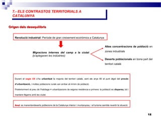 7.- ELS CONTRASTOS TERRITORIALS A
CATALUNYA
7.- ELS CONTRASTOS TERRITORIALS A
CATALUNYA
18
Origen dels desequilibrisOrigen dels desequilibris
Revolució industrial: Període de gran creixement econòmics a Catalunya
Migracions internes del camp a la ciutat
(s’aplegaven les indústries)
Altes concentracions de població en
zones industrials
Deserts poblacionals en bona part del
territori català
Durant el segle XX s’ha urbanitzat la majoria del territori català, sent els anys 80 el punt àlgid del procés
d’urbanització, i moltes poblacions rurals van arribar al mínim de població.
Posteriorment el preu de l’habitage + urbanitzacions de segona residència a primera: la població es dispersa, tot i
mantenir lligams amb les ciutat.
AvuiAvui: es manentendeserts poblacions de la Catalunya interior i muntanyosa, i el turisme sembla revertir la situació.
 