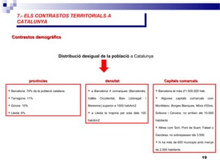 7.- ELS CONTRASTOS TERRITORIALS A
CATALUNYA
7.- ELS CONTRASTOS TERRITORIALS A
CATALUNYA
19
Contrastos demogràficsContrastos demogràfics
Distribució desigual de la població a Catalunya
 Barcelona: 74% de la població catalana.
 Tarragona: 11%
 Girona: 10%
 Lleida: 6%
 a Barcelona 4 comarques (Barcelonès,
Vallès Occidental, Baix Llobregat i
Maresme) superior a 1000 hab/km2
 a Lleida la majoria per sota dels 100
hab/km2
provínciesprovíncies densitatdensitat
 Barcelona té més d’1.500.000 hab.
 Algunes capitals comarcals com
Montblanc, Borges Blanques, Móra d’Ebre,
Solsona i Cervera, no arriben als 10.000
habitants
 Altres com Sort, Pont de Suert, Falset o
Gandesa, no sobrepassen els 3.500
 hi ha més de 600 municipis amb menys
de 2.000 habitants
Capitals comarcalsCapitals comarcals
 