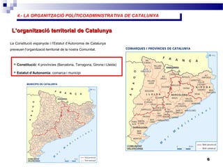 4.- LA ORGANITZACIÓ POLÍTICOADMINISTRATIVA DE CATALUNYA4.- LA ORGANITZACIÓ POLÍTICOADMINISTRATIVA DE CATALUNYA
6
L’organització territorial de CatalunyaL’organització territorial de Catalunya
La Constitució espanyola i l’Estatut d’Autonomia de Catalunya
preveuen l’organització territorial de la nostra Comunitat.
 Constitució: 4 províncies (Barcelona, Tarragona, Girona i Lleida)
 Estatut d’Autonomia: comarca i municipi
 