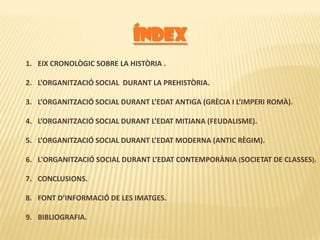 índexEIX CRONOLÒGIC SOBRE LA HISTÒRIA .L’ORGANITZACIÓ SOCIAL  DURANT LA PREHISTÒRIA.L’ORGANITZACIÓ SOCIAL DURANT L’EDAT ANTIGA (GRÈCIA I L’IMPERI ROMÀ).L’ORGANITZACIÓ SOCIAL DURANT L’EDAT MITJANA (FEUDALISME).L’ORGANITZACIÓ SOCIAL DURANT L’EDAT MODERNA (ANTIC RÈGIM).L'ORGANITZACIÓ SOCIAL DURANT L’EDAT CONTEMPORÀNIA (SOCIETAT DE CLASSES).CONCLUSIONS.FONT D’INFORMACIÓ DE LES IMATGES.BIBLIOGRAFIA.