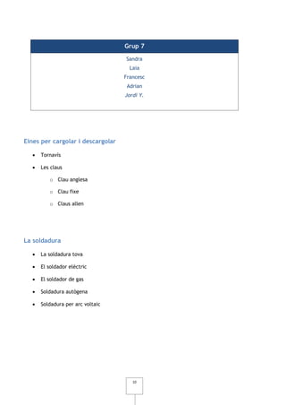 Grup 7

                                   Sandra
                                     Laia
                                   Francesc
                                    Adrian
                                   Jordi Y.




Eines per cargolar i descargolar

      Tornavís

      Les claus

          o Clau anglesa

          o Clau fixe

          o Claus allen




La soldadura

      La soldadura tova

      El soldador elèctric

      El soldador de gas

      Soldadura autògena

      Soldadura per arc voltaic




                                      10
 