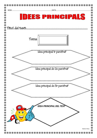 NOM.........................................................................................DATA.............................................................................
Titol del text........................................................................................
Tema
Idea principal 1r paràfraf
Idea principal de 2n paràfraf
Idea principal de 3r paràfraf
IDEA PRINCIPAL DEL TEXT
Beatriu Palau
 