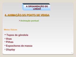 A ORGANIZAÇÃO DO
                           LINEAR

4. ANIMAÇÃO DO PONTO DE VENDA

                Animação pontual



Meios físicos

 Topos de gôndola
 Ilhas
 Pilhas

 Expositores de massa

 Display
                                         32
 