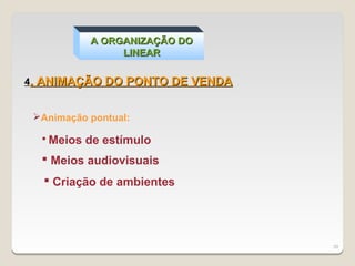 A ORGANIZAÇÃO DO
                 LINEAR

4. ANIMAÇÃO DO PONTO DE VENDA


 Animação pontual:

   Meios   de estímulo
   Meios audiovisuais
    Criação de ambientes




                                39
 
